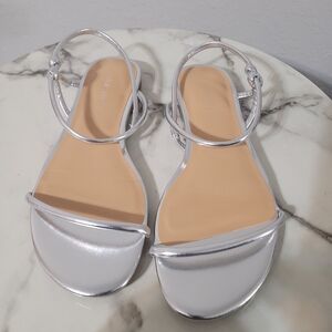 Nine West Silver Metallic Ankle-Strap Flat Sandals